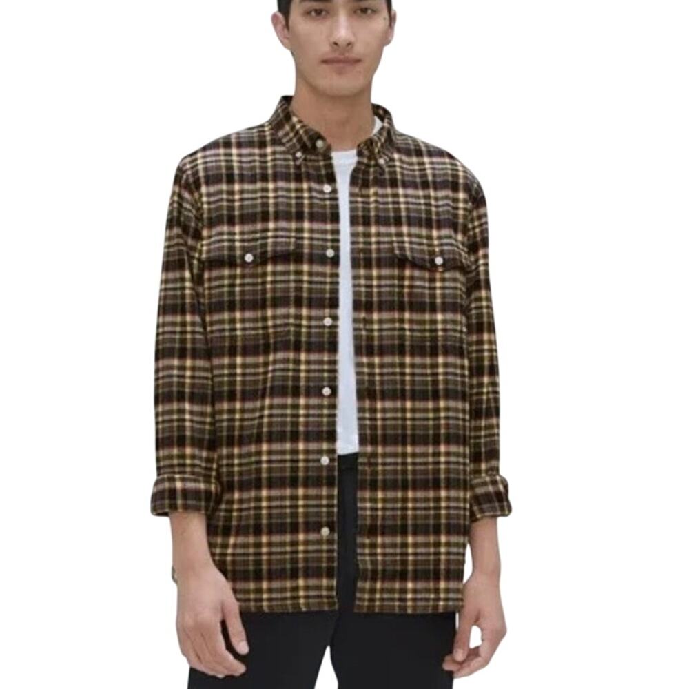 NEW Everlane Button Down Brushed Flannel Shirt Men SMALL Beech Plaid Casual Fall